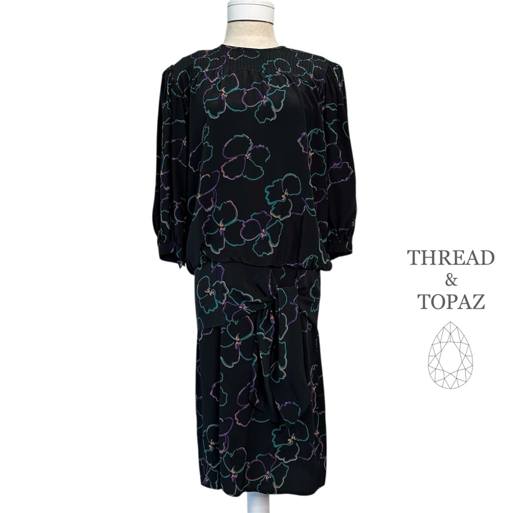 Maggy London 80s Abstract Floral Silk Drop Waist Dress 6